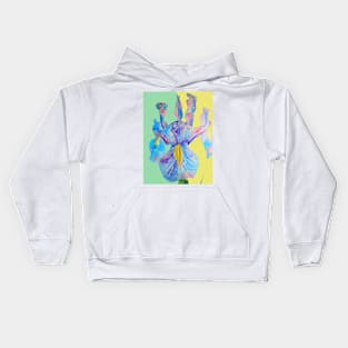 Iris Watercolor Painting - Blue with Raindrops - on Yellow and Mint Kids Hoodie